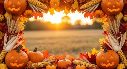Autumn Harvest and Halloween Border with Golden Sunset, Fall, Pumpkin, Jack-o-lantern