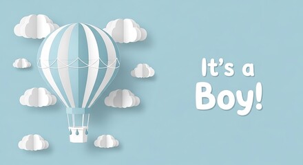 Blue hot air balloon with clouds and text It'sa Boy baby birth