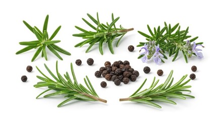 Rosemary Sprigs and Black Peppercorns Isolated on White, Herb, Spice, Cooking