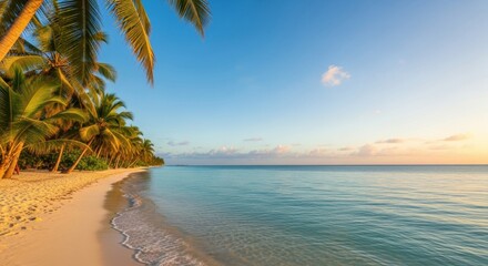 Serene Tropical Beach at Sunset with Palm Trees and Gentle Waves, Ocean, Sea, Water