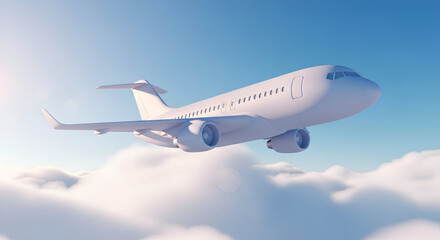 Airplane in Flight Over Cloudy Sky with Sunlight