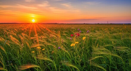 Golden Sunset Over Wildflower Field, Sunrise, Nature, Landscape