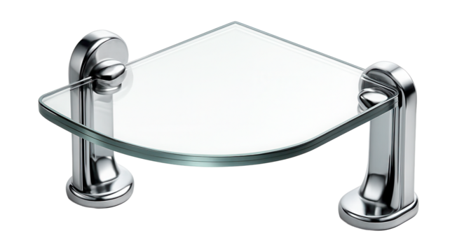 Glass corner shelf with chrome supports for a modern, streamlined appearance.