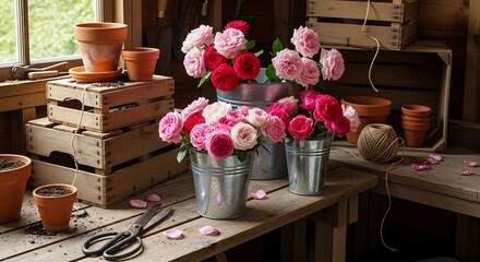 Gardening Still Life with Pink and Red Roses in Buckets and Pots pink roses
