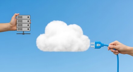 Hands Connecting Server Rack to Cloud with Plug in Blue Sky computing technology