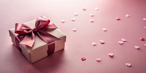 A blush pink gift box adorned with a rich burgundy satin ribbon bow, surrounded by delicate pink hearts; a romantic, celebratory scene.