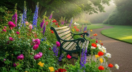 Tranquil Garden Bench Amidst Vibrant Flowers and Morning Mist, Floral, Nature, Park