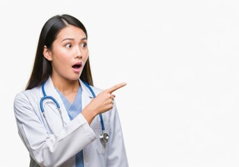 Surprised asian female doctor pointing to the side isolated on white background