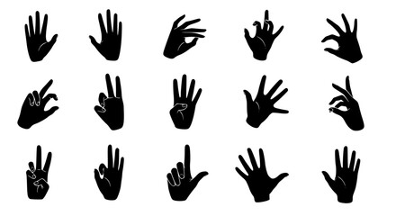 Collection of hand gestures in silhouette on a white background view, on transparent background