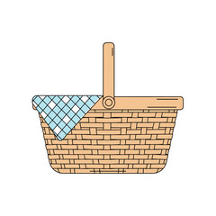 Woven picnic basket with a blue checked cloth in a minimalistic style