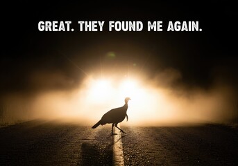 turkey crossing the road with humorous Thanksgiving Day message