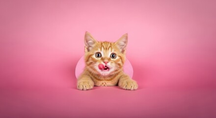 Adorable Ginger Kitten Licking Lips Against Pink Backdrop, Cat, Ginger cat, Orange cat