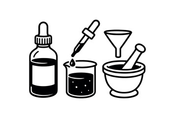 flat vector handdrawn black and white bold clean outlines white background potion craft dropper bottle beaker pipette funnel label blank mortar no logos