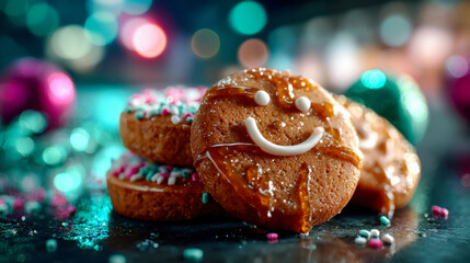 Festive gingerbread cookies decorated with icing and colorful sprinkles, photographed in a warm, vibrant close-up