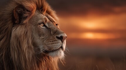 Fototapeta premium Lion portrait observing the horizon during sunset in Africa, king of the jungle