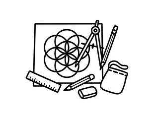 flat vector handdrawn black and white bold clean outlines white background sacred geometry board seed of life board compass ruler pencil pouch no logos