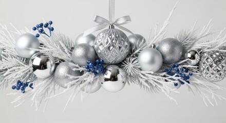 Festive Silver and Blue Christmas Wreath Ornament, Decoration, Berries, Bauble