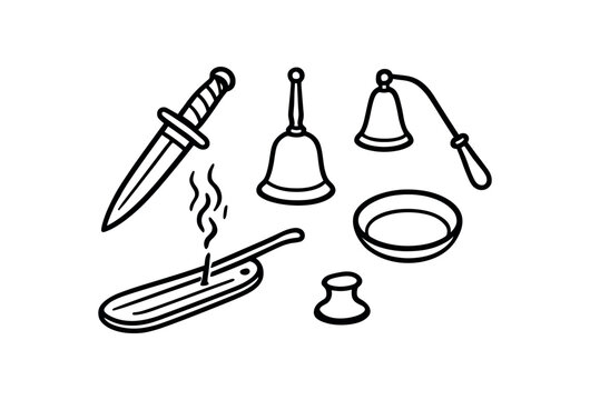 flat vector handdrawn black and white bold clean outlines white background altar tools set athame sheath bell candle snuffer incense holder dish no logos
