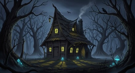 Enchanted Forest Cabin with Glowing Mushrooms and Raven, House, Cottage, Spooky