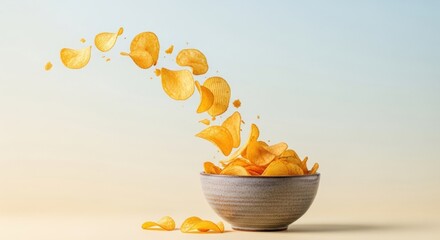Potato Chips Flying Out of Bowl, Snack, Crisps, Crunchy