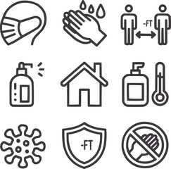 Virus Prevention Outline Icon Set  Face Mask, Handwashing, Social Distancing, and Safety Essentials
