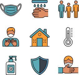 Virus Prevention Outline Icon Set  Face Mask, Handwashing, Social Distancing, and Safety Essentials