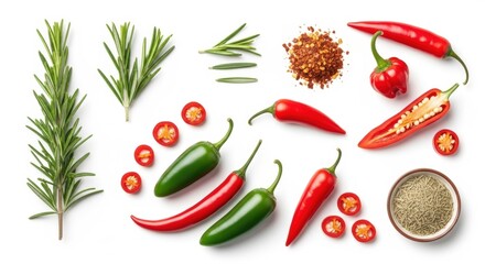 Assortment of Fresh Chili Peppers and Rosemary Ingredients for Cooking, Red chili, Green chili, Jalapeno