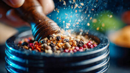 Mixed peppercorns being crushed in a stone mortar, with flying spice particles and rich color details
