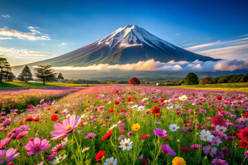 Japanese-style flower meadow with Mount Fuji in the background, anime-poster composition, bright tones, no people