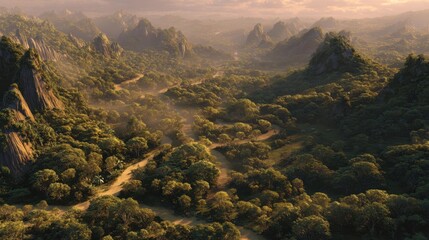 Majestic Mountain Range and Dense Forests in a Tropical Landscape at Sunrise