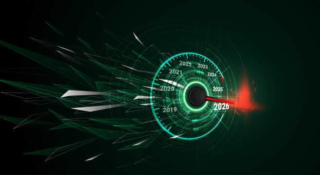 2026 New Year speedometer. Futuristic countdown gauge showing speed and progress towards business goals. Green dark theme. Vector EPS10.