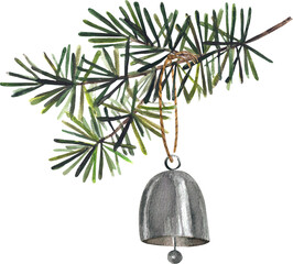 Watercolor Christmas Pine Branch with Ornaments