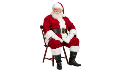 Jolly Santa Claus in Red Suit Sitting on Wooden Chair with White Trim isolated on a transparent background