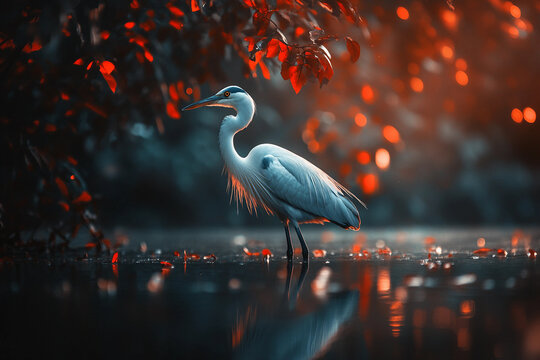 Generative AI image of elegant heron standing in calm forest water surrounded by trees and soft summer morning sunlight in nature