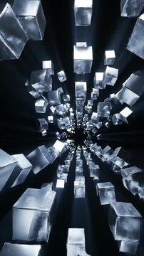 Dynamic motion graphic of shiny metallic silver geometric cubes rapidly multiplying and expanding to fill an infinite dark three dimensional space propagation, futuristic, geometry