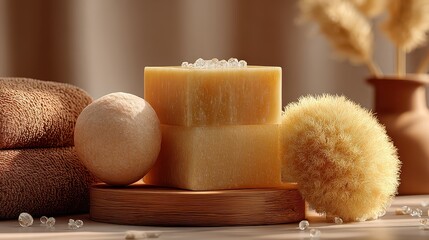 Still life presenting a bar of soap on a carved wooden base near stacked towels and small stones in a calm, spa-like setting