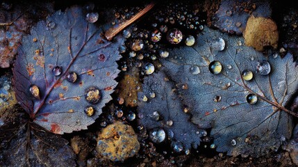 Macro close-up of colorful autumn leaves with water droplets and intricate vein details