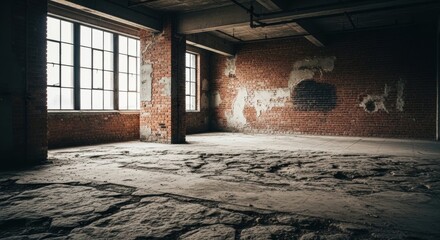 Abandoned Loft Interior with Brick Walls and Large Windows, Building, Architecture, Industrial