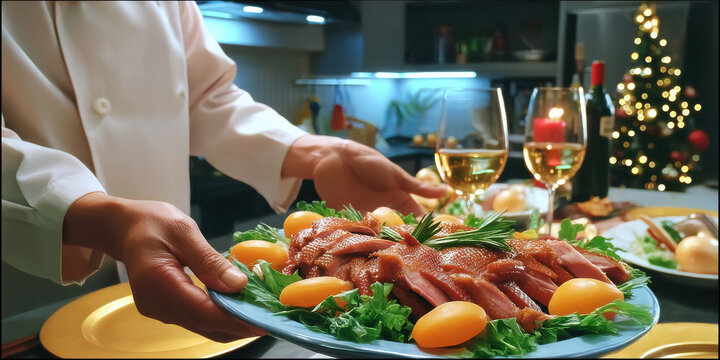 Roasted duck platter with garnish and wine glasses in festive dinner setting, warm inviting mood