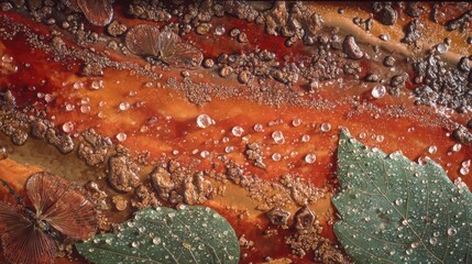 Close-up of fallen autumn leaves, mud, and water droplets with mushrooms and plants
