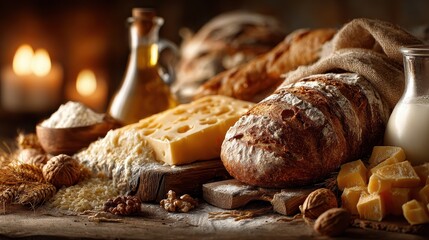 Still life with flour in burlap sack, baked bread, cinnamon sticks and wooden rolling pin, capturing baking ingredients