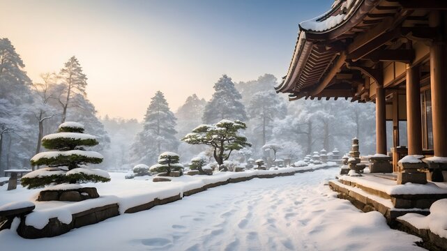 Templo japon&eacute;s tradicional en un jard&iacute;n nevado al amanecer con &aacute;rboles cubiertos de nieve y atm&oacute;sfera serena invernal
