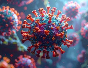 Close-up 3D render of a virus particle, vibrant colors