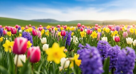 Vibrant Spring Meadow with Colorful Tulips and Daffodils Under Blue Sky, Flowers, Hyacinths, Floral