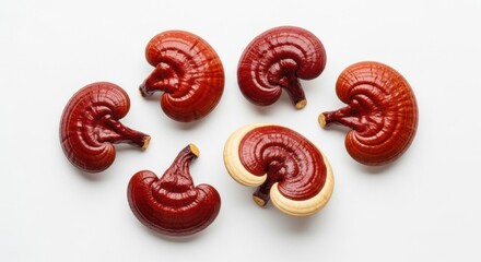 Ganoderma Lingzhi Mushrooms, Top View, Isolated on White Background, Fungus, Reishi, Medicinal mushroom