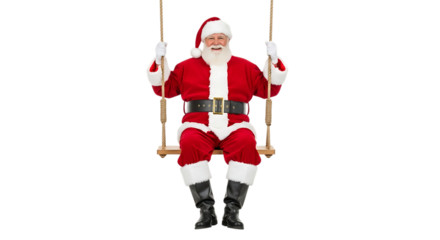 Jolly Santa Claus in Red Suit Sitting on Wooden Swing with Rope Hangers isolated on a transparent background