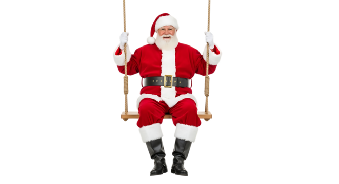 Jolly Santa Claus in Red Suit Sitting on Wooden Swing with Rope Hangers isolated on a transparent background - Powered by Adobe