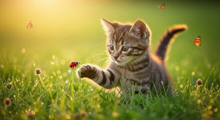 Kitten curiously observing a ladybug in dewy grass with butterflies, Cat, Ladybird, Insect