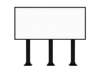Large rectangular billboard with blank white screen and black frame supported by three black posts isolated on a transparent background