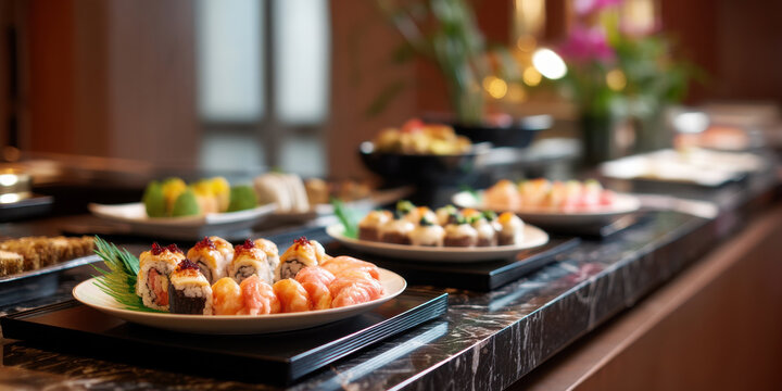 Sushi roll sushi nigiri buffet marble counter catering hall Asian cuisine plated sushi marble counter with warm lighting